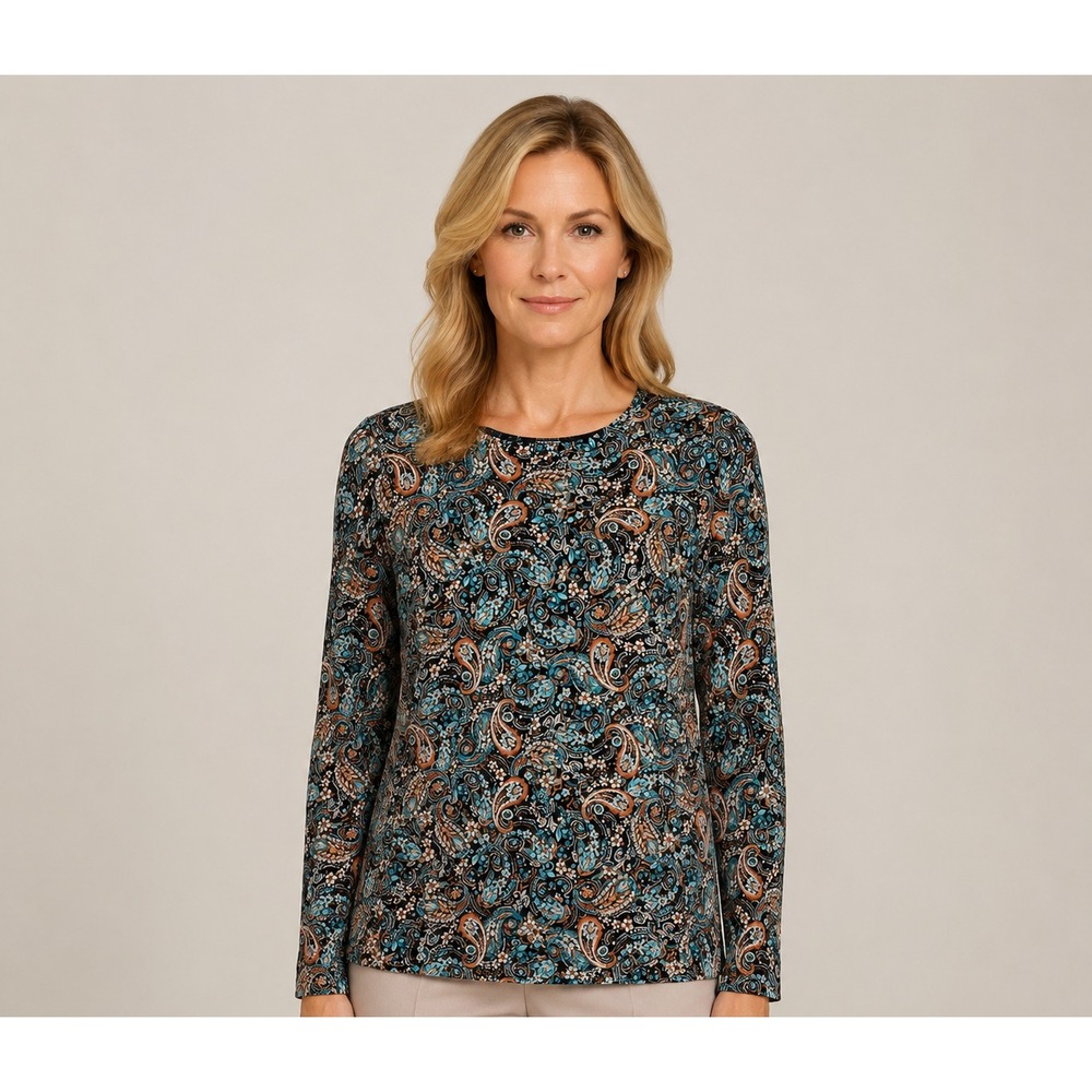 J.Jill Cotton Paisley Shirt Long Sleeve Black Blue Boho Size Twee Soft Large